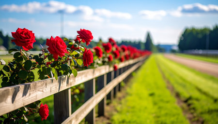Red roses on a fence in the countryside of Bavaria, Germanyの素材