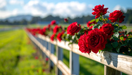 Red roses on a wooden fence in a sunny day with blue skyの素材