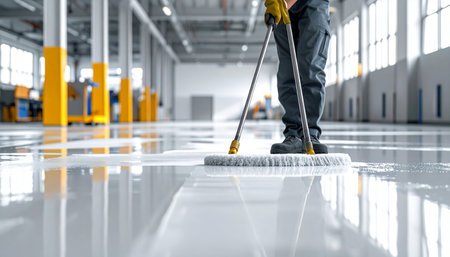 Man cleaning floor with mop. Cleaning service and maintenance concept.の素材