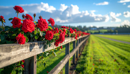 Roses on a wooden fence in the countryside of the Netherlands.の素材