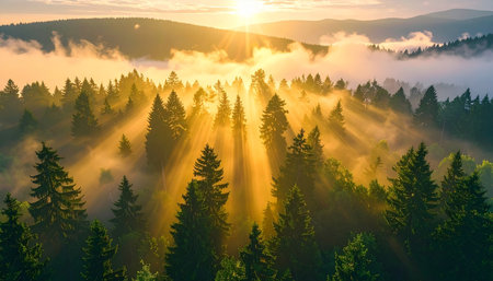Aerial view of beautiful foggy morning in the Carpathian mountainsの素材