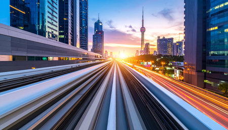 the light trails on the modern building background in shanghai china.の素材