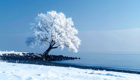 Beautiful winter landscape with frozen tree on the shore of the lakeの素材