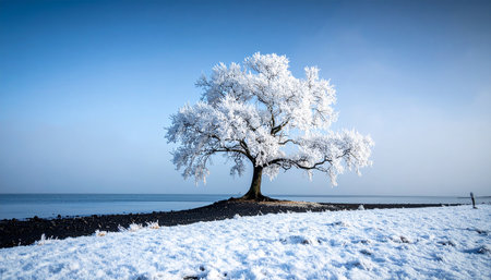 Winter landscape with frozen tree on the shore of the Baltic Sea.の素材