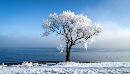 Winter landscape with frozen tree on the shore of Lake Baikalの素材