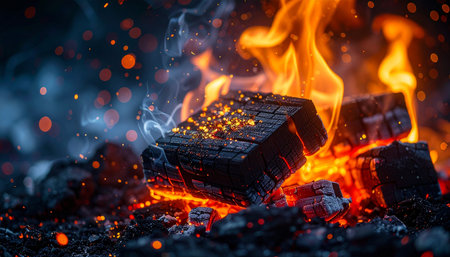 Burning coals in the fireplace. Close-up. Selective focus.の素材