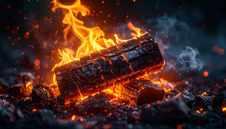 Close-up of burning bonfire with fire flames on dark backgroundの素材