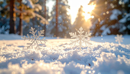 Two snowflakes on the snow in the forest at sunset.の素材