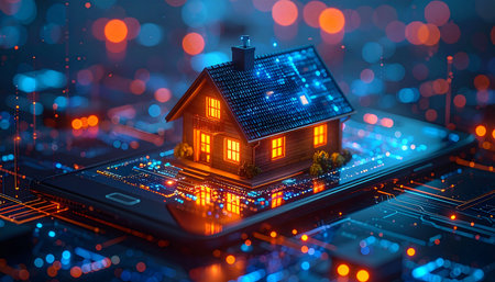 Miniature house on a microcircuit. 3d illustration.の素材