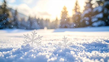 Snowflakes on the snow in the winter forest. Christmas backgroundの素材