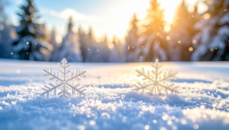 Snowflakes on snow in winter forest at sunset. Christmas backgroundの素材