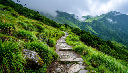 Mountain trail in the mountains in the clouds. Beautiful natural landscape.の素材