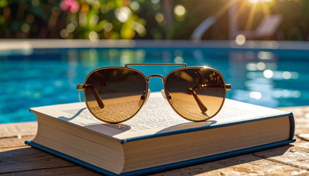 Sunglasses and book near the swimming pool. Summer concept.の素材