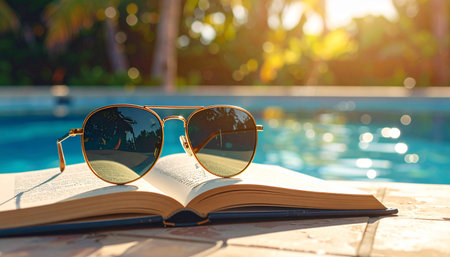 Swimming pool in luxury hotel resort with palm trees and sunset skyの素材