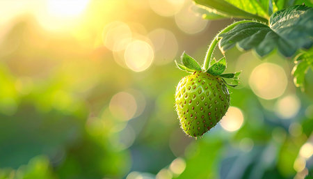 Close up of fresh green strawberry growing in the garden with sunlight.の素材