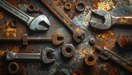 Old tools on rusty metal background. Top view with copy space.の素材