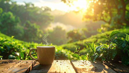 Coffee cup on wooden table in tea plantation with morning lightの素材