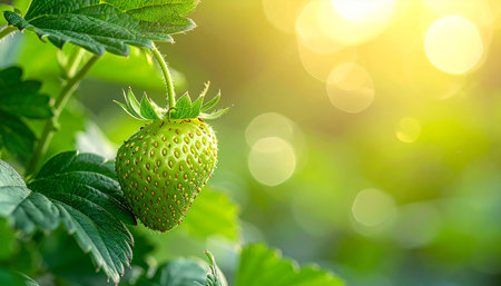 Close up of fresh green strawberry in the garden with bokeh backgroundの素材