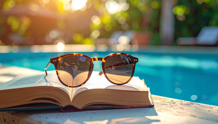 Sunglasses and book on swimming pool background. Selective focus.の素材