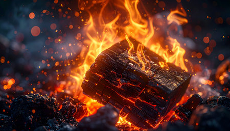 Burning coals of a bonfire, close-up.の素材