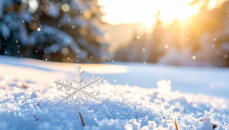 Snowflake on the snow in the winter forest. Christmas background.の素材