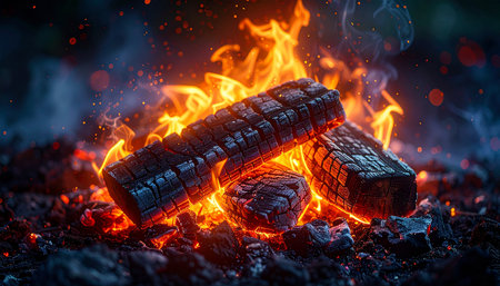 Burning tires on the background of a burning campfire. The concept of burning tiresの素材