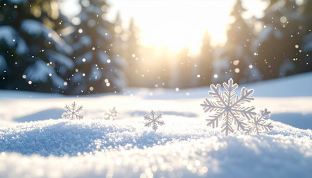 Snowflakes in the snow against the background of the sun.の素材