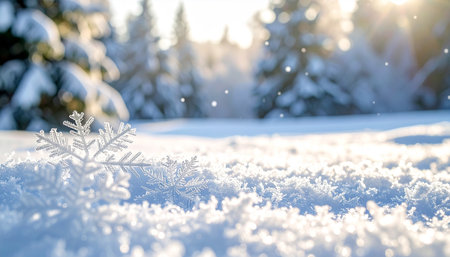 Snowflake on the snow in the winter forest. Christmas background.の素材
