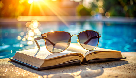 Sunglasses and book near swimming pool at sunset. Summer vacation conceptの素材