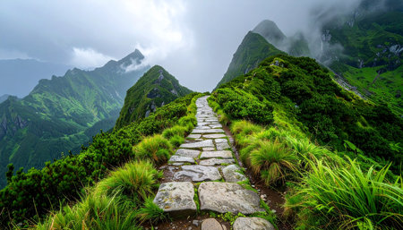 Beautiful panoramic view of the path to the top of the mountainの素材