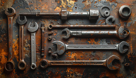Wrenches and other tools on rusty metal background. Top view.の素材