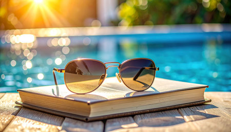 Sunglasses on book near swimming pool at sunset or sunrise timeの素材