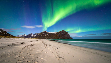 Northern lights over Lofoten islands, Norway. Long exposure.の素材