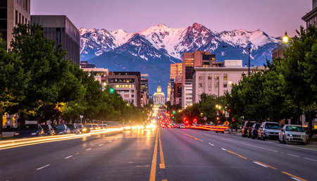 Denver, Colorado, USA downtown cityscape at dusk with traffic.の素材