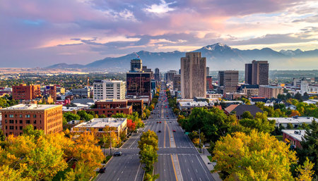 Denver, Colorado, USA downtown city skyline at dusk from above.の素材