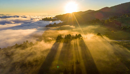 Aerial view of beautiful foggy sunrise in the mountains with sun raysの素材
