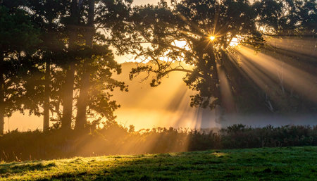 Sunrise in the misty morning in a forest with sun raysの素材