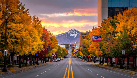 Fall foliage along the road in downtown San Francisco, California, USA.の素材
