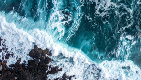 Aerial view of the ocean waves crashing on the rocks. Top viewの素材