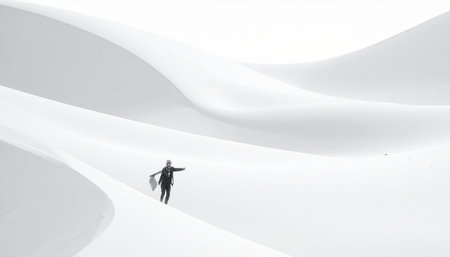 Silhouette of a man on top of a white sand duneの素材