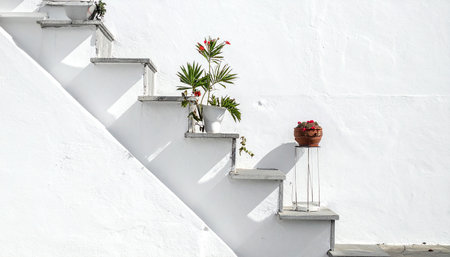 White stairs with flowerpot on the white wall of the house.の素材
