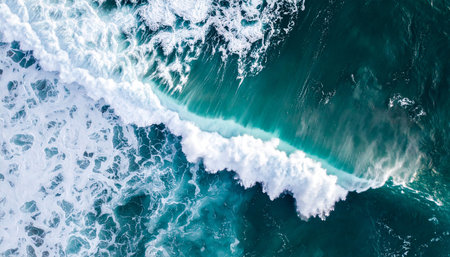 Aerial view of turquoise ocean waves with white foam.の素材
