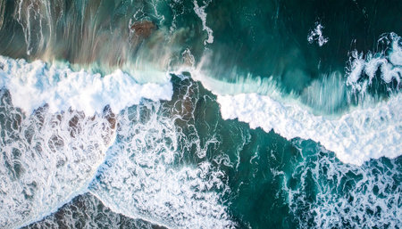 Aerial view of waves crashing on the beach, drone shot.の素材