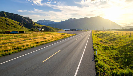 Highway in the mountains at sunset. Landscape with asphalt road.の素材
