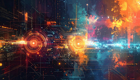 Abstract technology background. Communication concept. 3d rendering toned image double exposureの素材