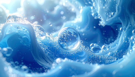 Blue liquid background with bubbles. 3d illustration, 3d renderingの素材