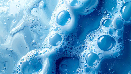Soap foam with bubbles close-up. Abstract blue background.の素材