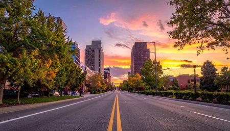 Denver, Colorado, USA downtown cityscape at sunset from the street.の素材
