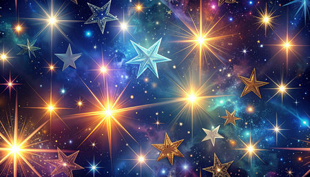 Christmas background with stars and bokeh lights. 3D renderingの素材