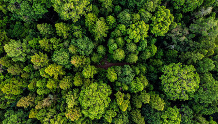 Aerial view of green forest in the morning. Drone photography.の素材